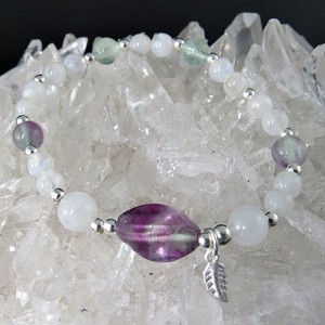 Pulsera hoja piedra luna, fluorita y plata