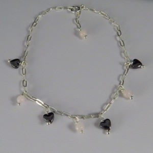 Pulsera Tobillera hematites, cuarzo rosa y plata