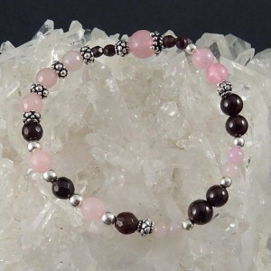 Pulsera cuarzo rosa, granate y plata