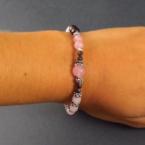 Pulsera cuarzo rosa, granate y plata