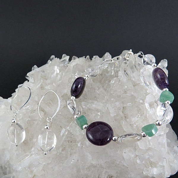 Conjunto cuarzo cristal de roca, cuarzo verde y amatista