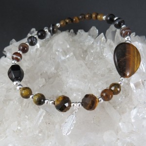 Pulsera ojo de tigre, ágata, ónix y plata