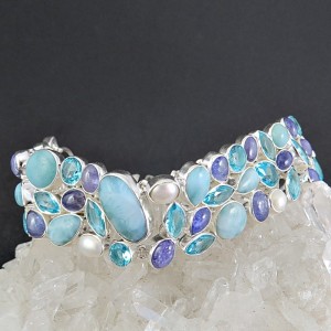 Pulsera joyería en plata larimar y piedras semipreciosas