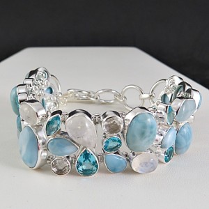 Pulsera joyería en plata larimar y piedras semipreciosas