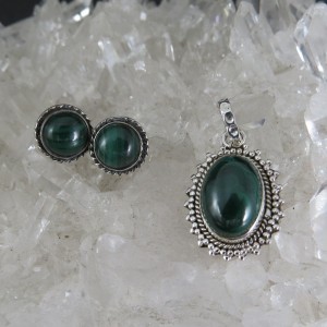 Conjunto colgante y pendientes malaquita y plata