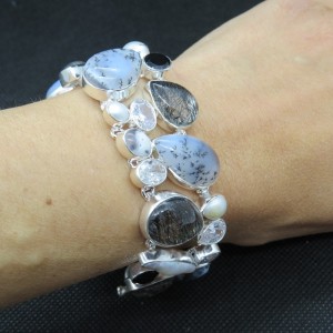 Pulsera joyería en plata cuarzo turmalinado y varias piedras semipreciosas