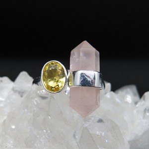 Anillo cuarzo rosa, cuarzo citrino y plata