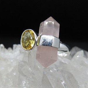 Anillo cuarzo rosa, cuarzo citrino y plata