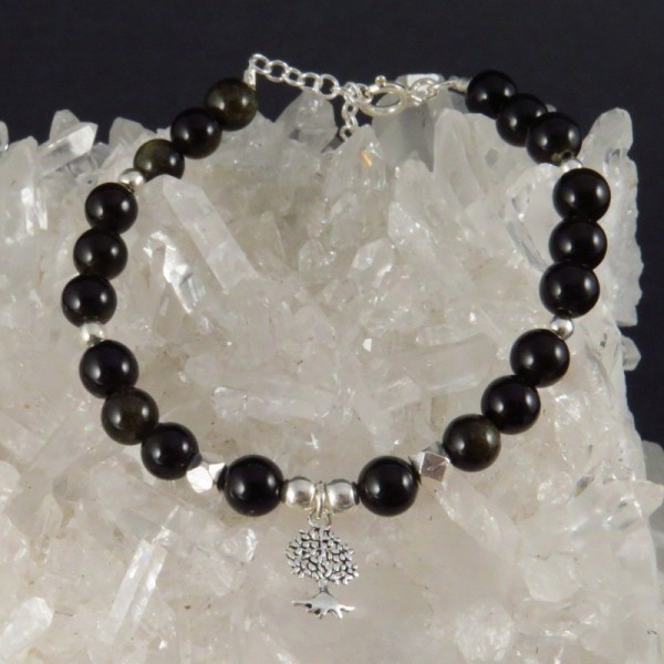 Pulsera obsidiana dorada y plata