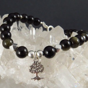 Pulsera obsidiana dorada y plata