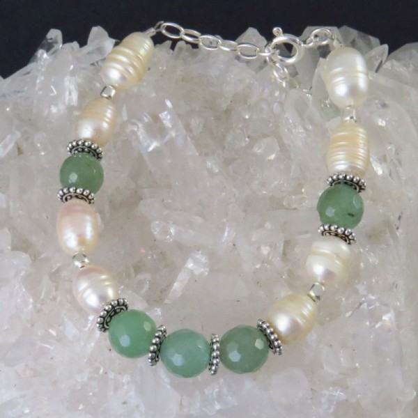 Pulsera perla, cuarzo verde y plata