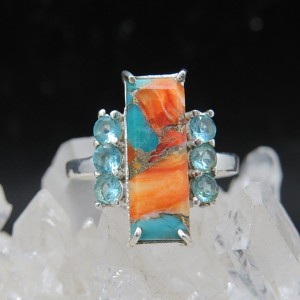 Anillo nácar con turquesa cobre y topacios y plata
