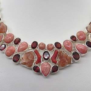 Collar joyería en plata, rodocrosita, granate y coral