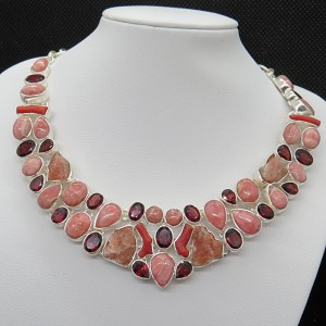 Collar joyería en plata, rodocrosita, granate y coral