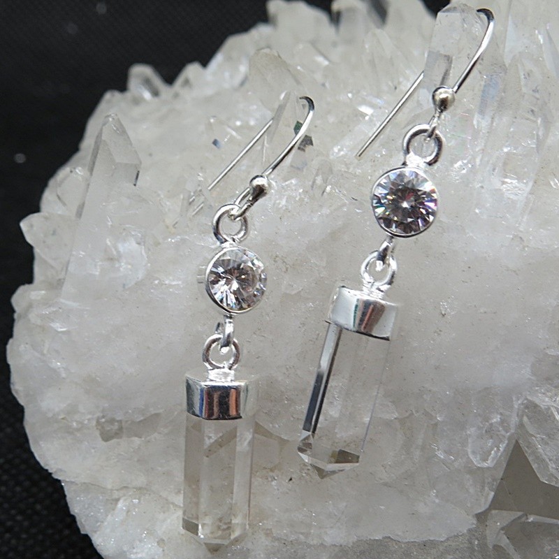 Pendientes punta cuarzo cristal de roca y plata