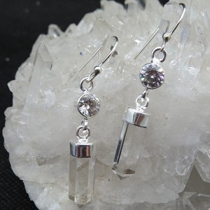 Pendientes punta cuarzo cristal de roca y plata
