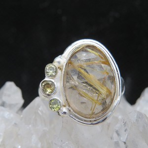 Anillo cuarzo rutilado, cuarzo citrino y plata