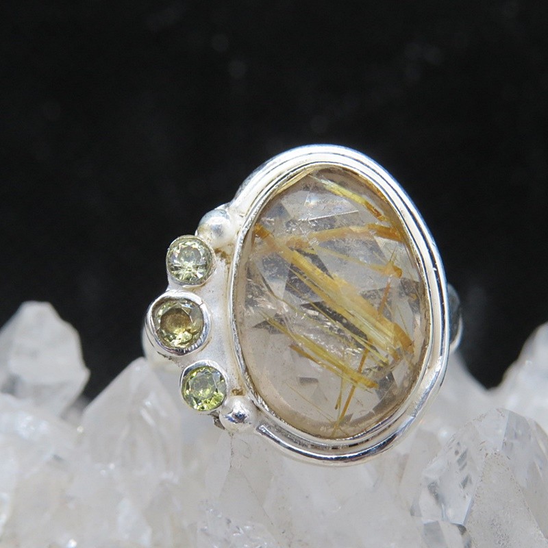 Anillo cuarzo rutilado, cuarzo citrino y plata