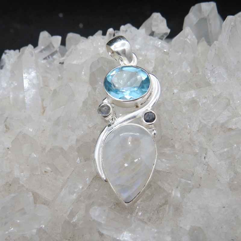 Colgante piedra luna, topacio, zafiro y plata