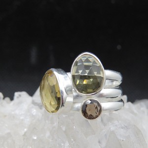 Anillo cuarzo citrino, cuarzo ahumado y plata