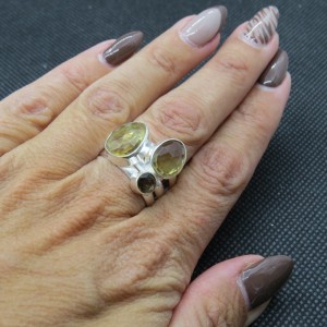 Anillo cuarzo citrino, cuarzo ahumado y plata