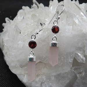 Pendientes punta cuarzo rosa y granate
