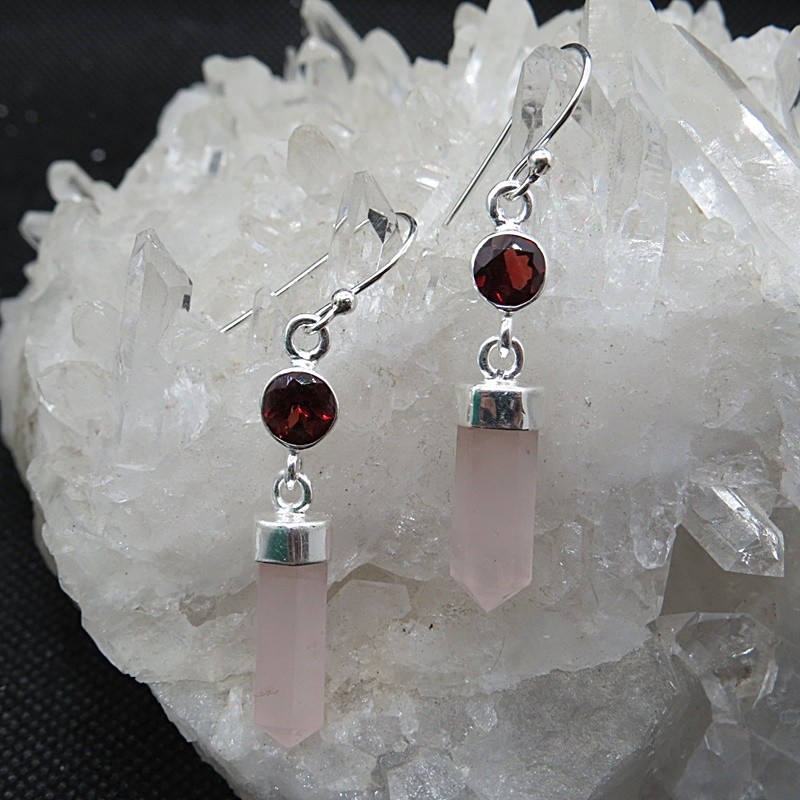 Pendientes punta cuarzo rosa y granate