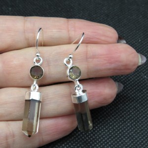 Pendientes puntas cuarzo ahumado y plata