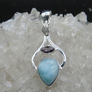 Colgante larimar, amatista, piedra luna y plata
