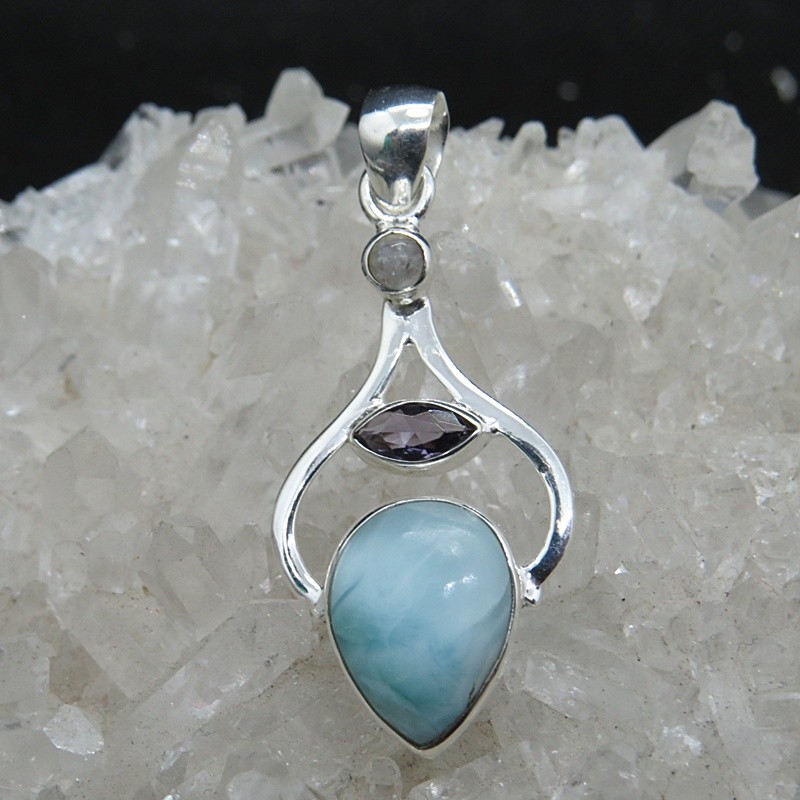 Colgante larimar, amatista, piedra luna y plata