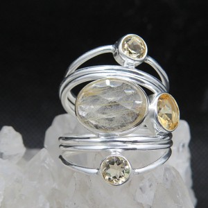 Anillo cuarzo rutilado, cuarzo citrino y plata