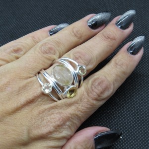 Anillo cuarzo rutilado, cuarzo citrino y plata