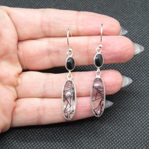 Pendientes cuarzo turmalinado, ónix y plata