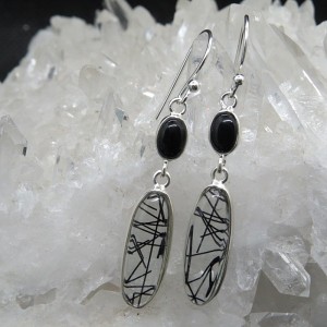 Pendientes cuarzo turmalinado, ónix y plata