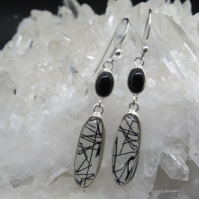 Pendientes cuarzo turmalinado, ónix y plata