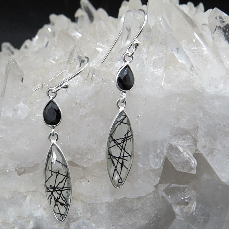 Pendientes cuarzo turmalinado, ónix y plata