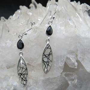 Pendientes cuarzo turmalinado, ónix y plata