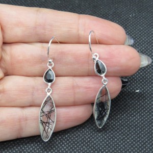 Pendientes cuarzo turmalinado, ónix y plata