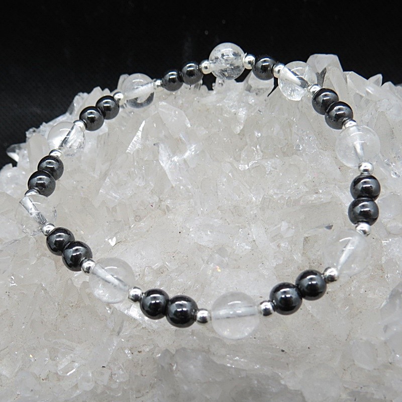 Pulsera cuarzo cristal de roca, Hematites y plata