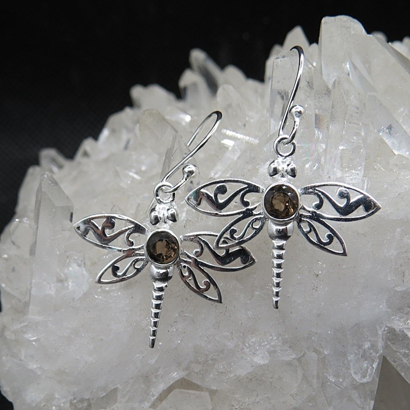 Pendientes libélulas cuarzo ahumado y plata