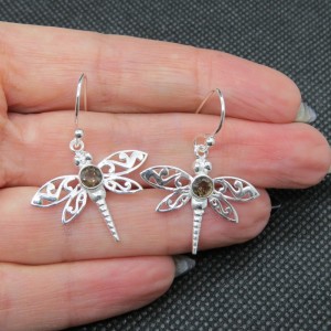 Pendientes libélulas cuarzo ahumado y plata