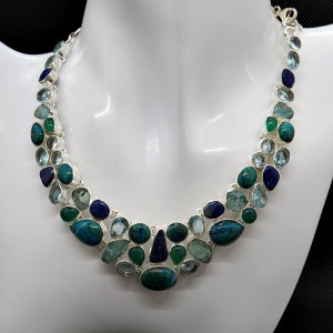 Collar joyería en plata crisocola con malaquita con varias piedras semipreciosas y plata 925 mm