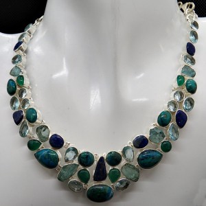 Collar joyería en plata crisocola con malaquita con varias piedras semipreciosas y plata 925 mm