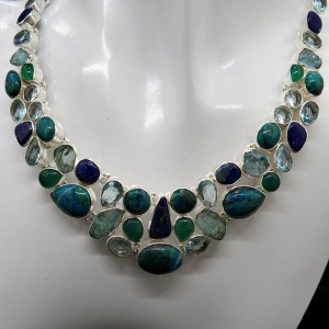Collar joyería en plata crisocola con malaquita con varias piedras semipreciosas y plata 925 mm