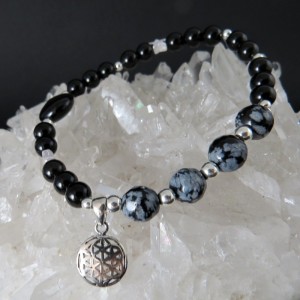 Pulsera flor de la vida, obsidiana nevada y ónix