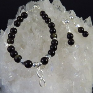 Conjunto obsidiana dorada y plata