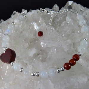 Pulsera piedra luna, jaspe rojo y plata